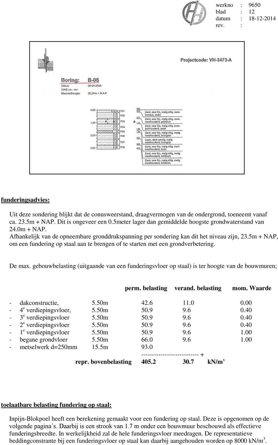 5m + NAP, om een fundering op staal aan te brengen of te starten met een grondverbetering. De max. gebouwbelasting (uitgaande van een funderingsvloer op staal) is ter hoogte van de bouwmuren; perm.