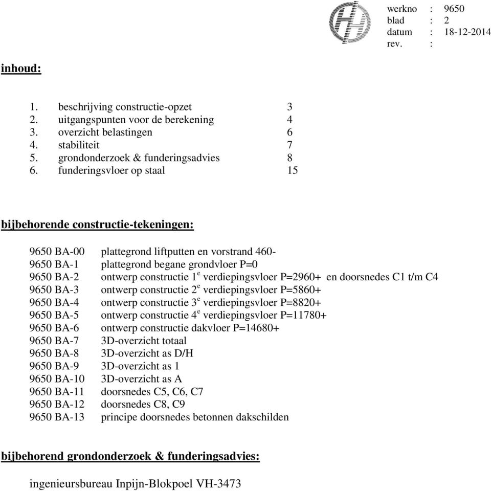 funderingsvloer op staal 15 bijbehorende constructie-tekeningen: 9650 BA-00 plattegrond liftputten en vorstrand 460-9650 BA-1 plattegrond begane grondvloer P=0 9650 BA-2 ontwerp constructie 1 e