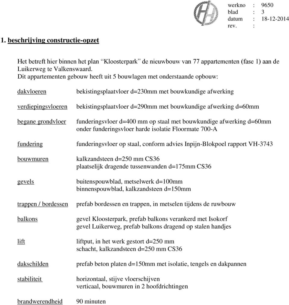 stabiliteit brandwerendheid bekistingsplaatvloer d=230mm met bouwkundige afwerking bekistingsplaatvloer d=290mm met bouwkundige afwerking d=60mm funderingsvloer d=400 mm op staal met bouwkundige