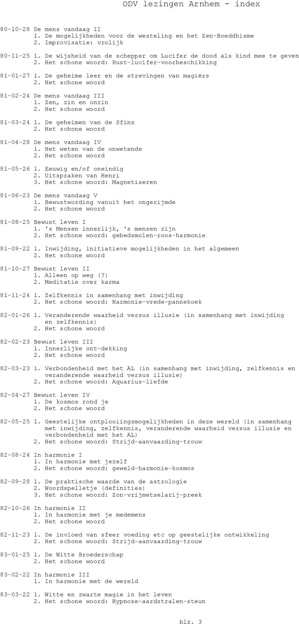 Zen, zin en onzin 81-03-24 1. De geheimen van de Sfinx 81-04-28 De mens vandaag IV 1. Het weten van de onwetende 81-05-26 1. Eeuwig en/of oneindig 2. Uitspraken van Henri 3.