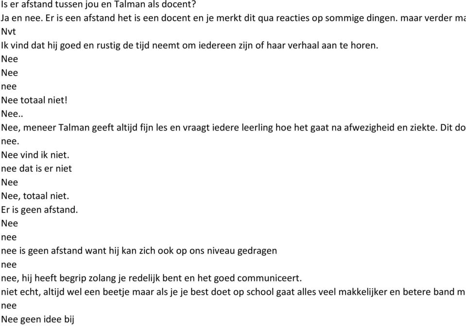 Nee nee Nee totaal niet! Nee.. Nee, meneer Talman geeft altijd fijn les en vraagt iedere leerling hoe het gaat na afwezigheid en ziekte. Dit do nee. Nee vind ik niet.