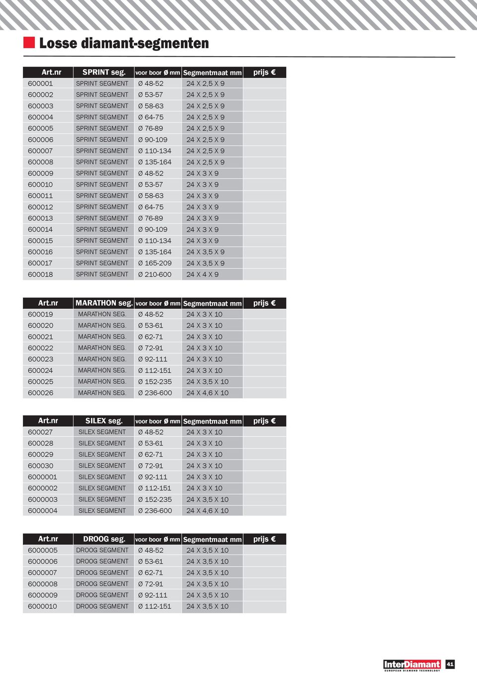 X, X X X X X X X X X X X X X X X X, X X, X X X Art.nr MARATON seg. voor boor Ø mm Segmentmaat mm 0001 0000 0001 000 000 000 000 000 MARATON SEG.