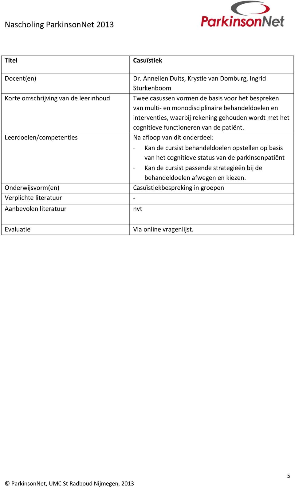 monodisciplinaire behandeldoelen en interventies, waarbij rekening gehouden wordt met het cognitieve functioneren van de