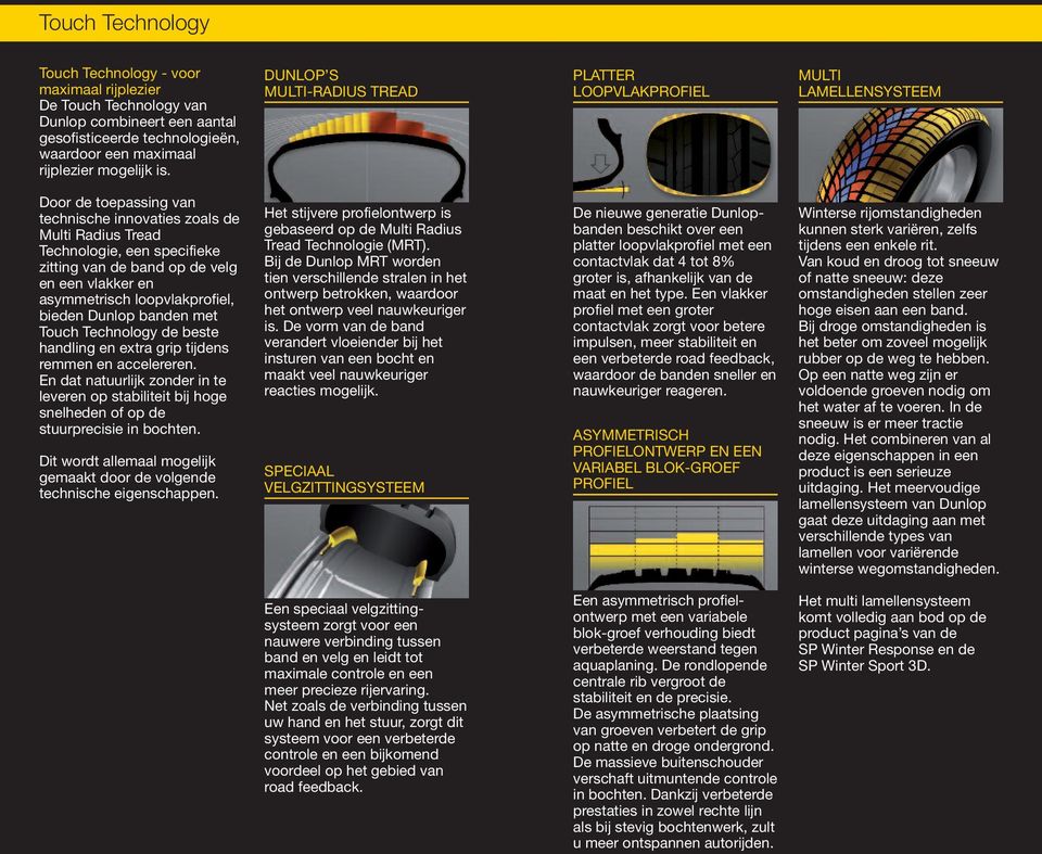 de velg en een vlakker en asymmetrisch loopvlakprofiel, bieden Dunlop banden met Touch Technology de beste handling en extra grip tijdens remmen en accelereren.