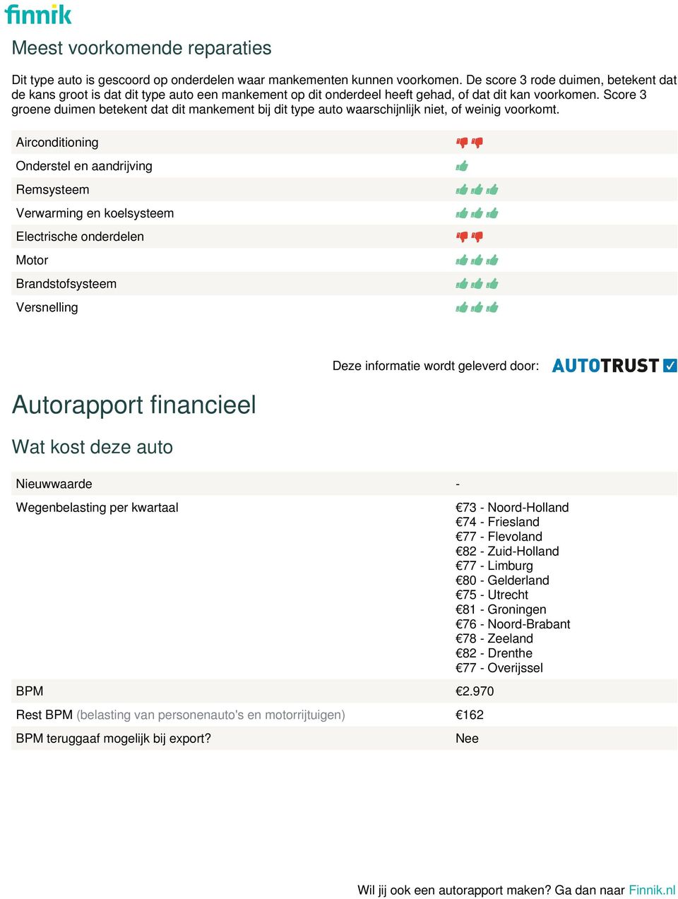 Score 3 groene duimen betekent dat dit mankement bij dit type auto waarschijnlijk niet, of weinig voorkomt.