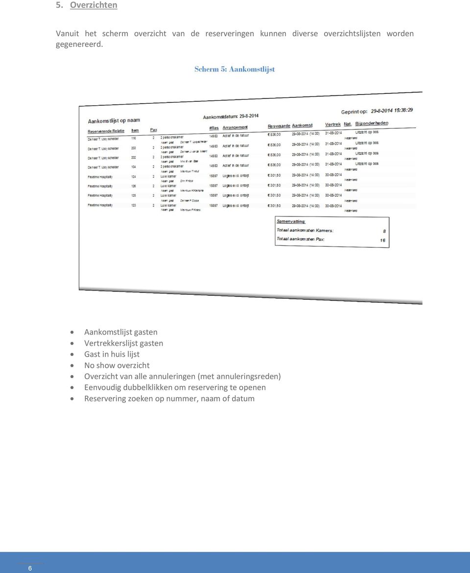 Scherm 5: Aankomstlijst Aankomstlijst gasten Vertrekkerslijst gasten Gast in huis lijst No