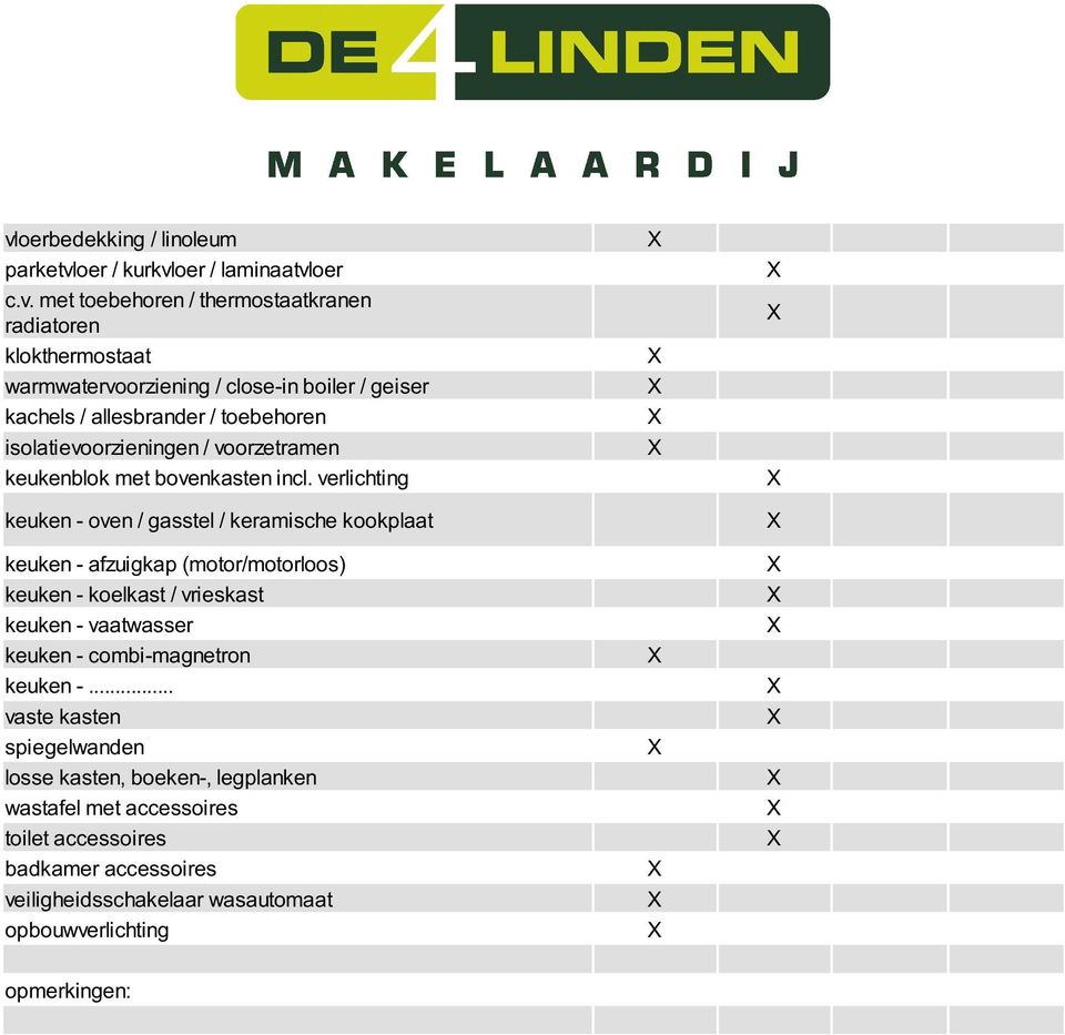 verlichting X keuken - oven / gasstel / keramische kookplaat X keuken - afzuigkap (motor/motorloos) X keuken - koelkast / vrieskast X keuken - vaatwasser X keuken -