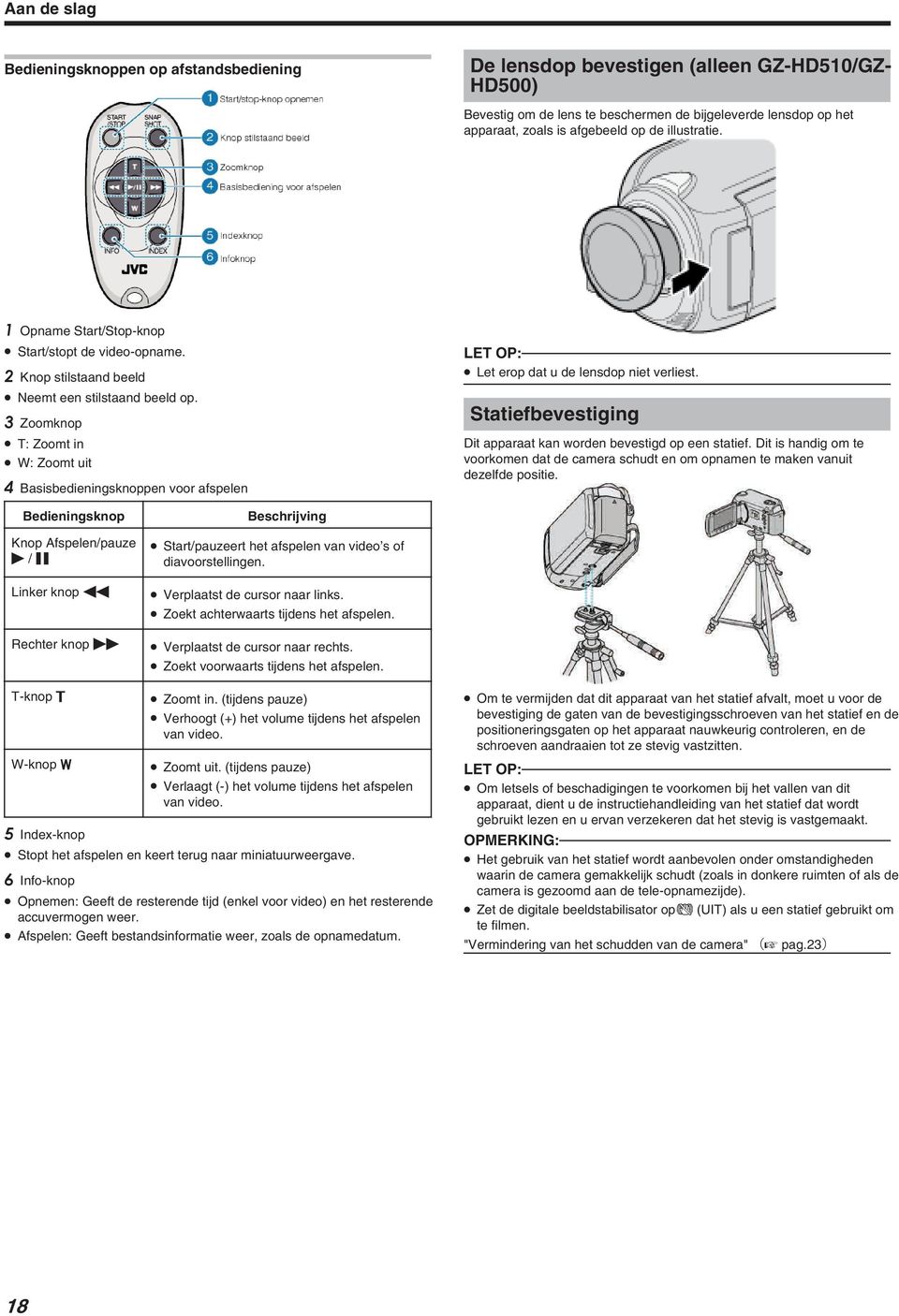 3 Zoomknop T: Zoomt in W: Zoomt uit 4 Basisbedieningsknoppen voor afspelen LET OP: Let erop dat u de lensdop niet verliest. Statiefbevestiging Dit apparaat kan worden bevestigd op een statief.