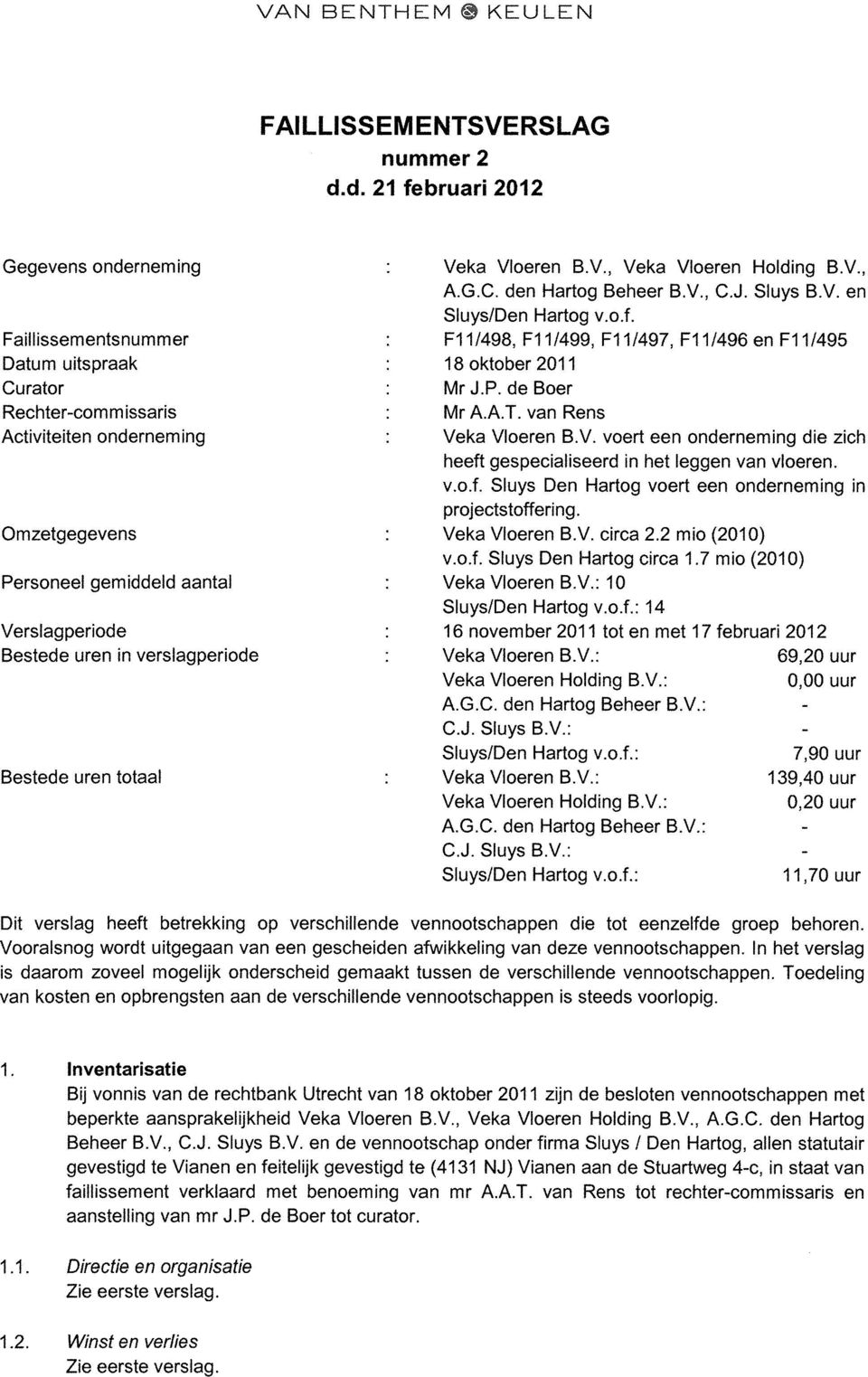 uren in verslagperiode Bestede uren totaal Veka Vloeren B.V., Veka Vloeren Holding B.V., A.G.C. den Hartog Beheer B.V., C.J. Sluys B.V. en Sluys/Den Hartog v.o.f.