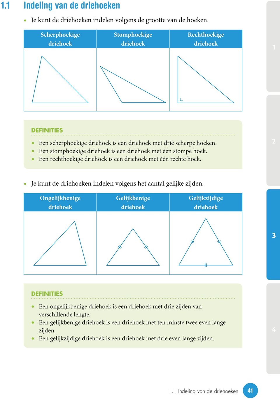 Een stomphoekige driehoek is een driehoek met één stompe hoek. Een rechthoekige driehoek is een driehoek met één rechte hoek. Je kunt de driehoeken indelen volgens het aantal gelijke zijden.