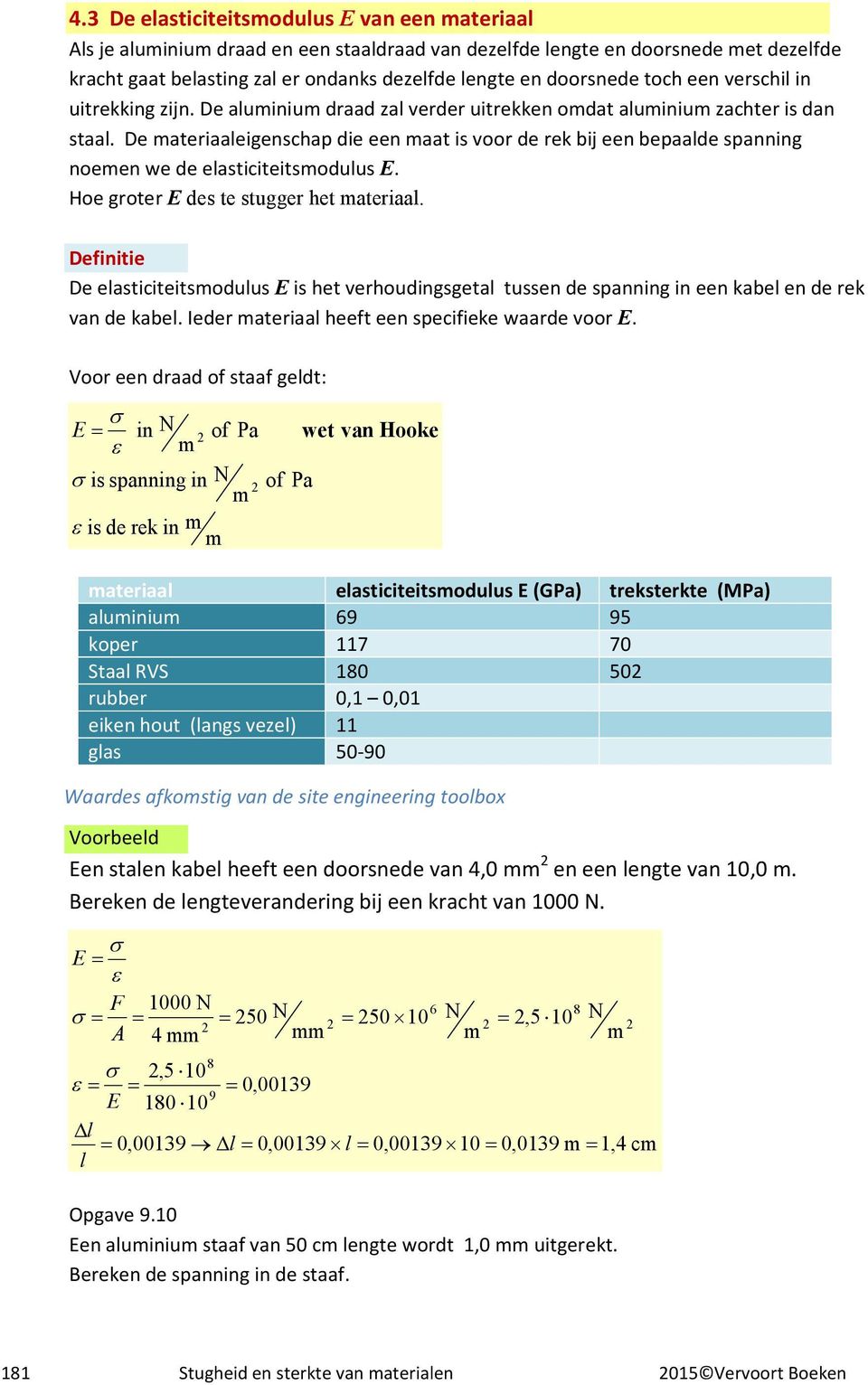 De ateriaaleigenschap die een aat is voor de rek bij een bepaalde spanning noeen we de elasticiteitsodulus E. Hoe groter E des te stugger het ateriaal.