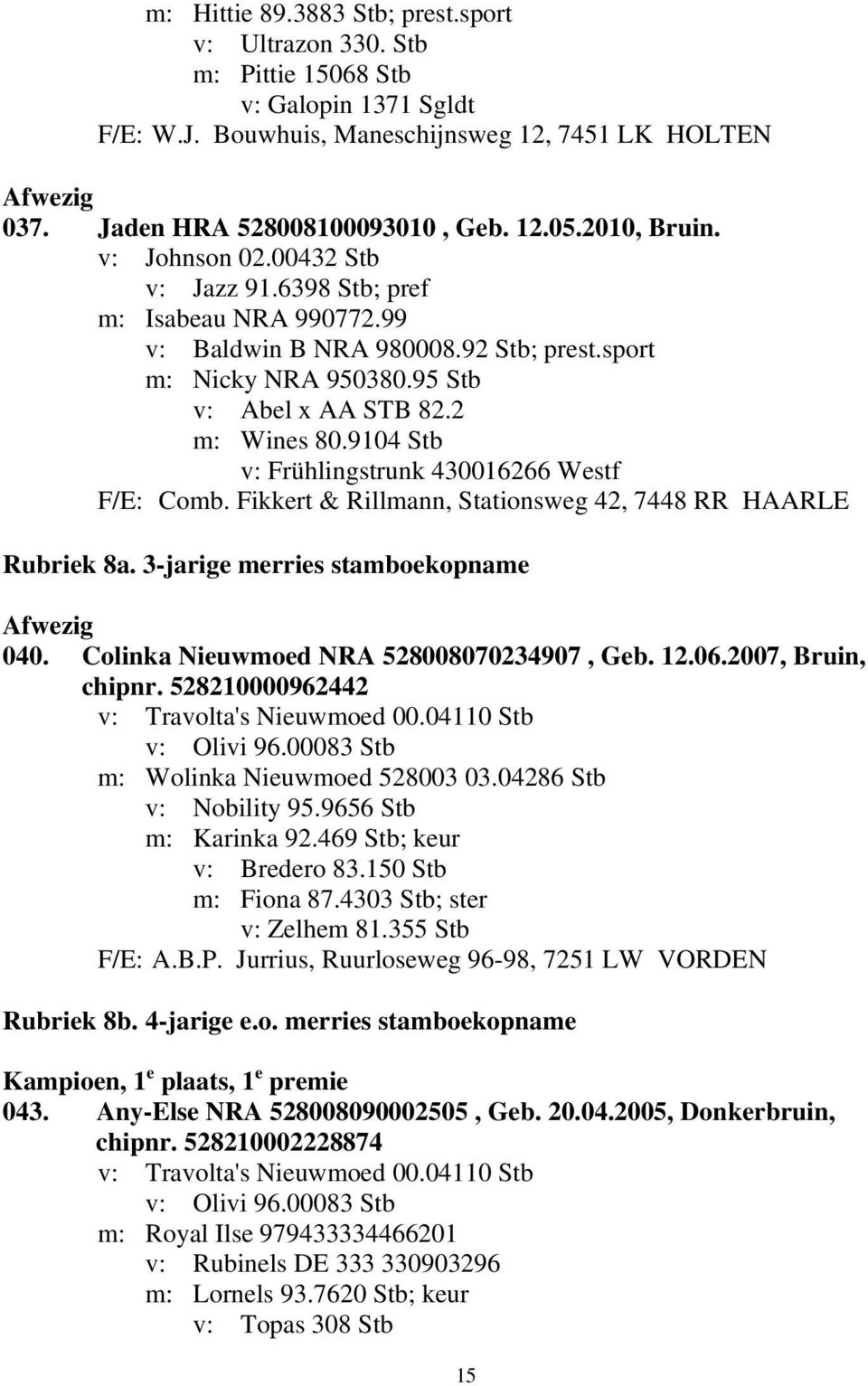 9104 Stb v: Frühlingstrunk 430016266 Westf F/E: Comb. Fikkert & Rillmann, Stationsweg 42, 7448 RR HAARLE Rubriek 8a. 3-jarige merries stamboekopname Afwezig 040.