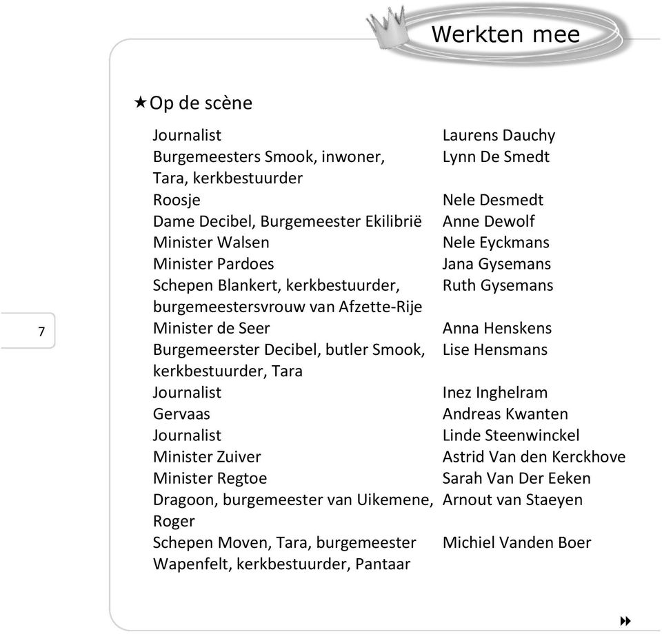 Burgemeerster Decibel, butler Smook, Lise Hensmans kerkbestuurder, Tara Journalist Inez Inghelram Gervaas Andreas Kwanten Journalist Linde Steenwinckel Minister Zuiver Astrid Van den