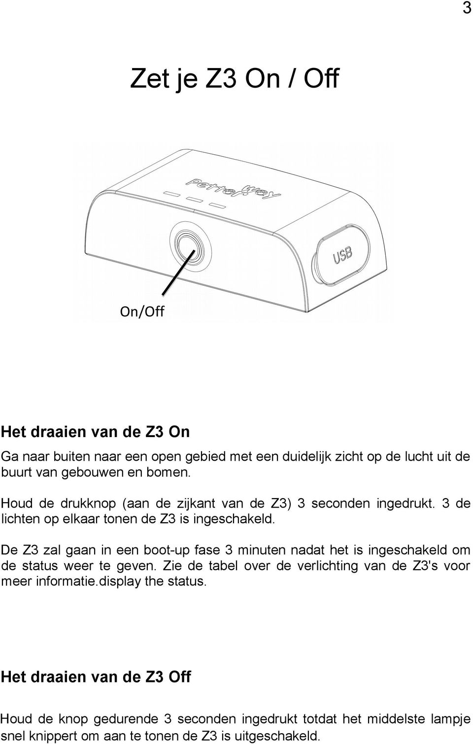 De Z3 zal gaan in een boot-up fase 3 minuten nadat het is ingeschakeld om de status weer te geven.