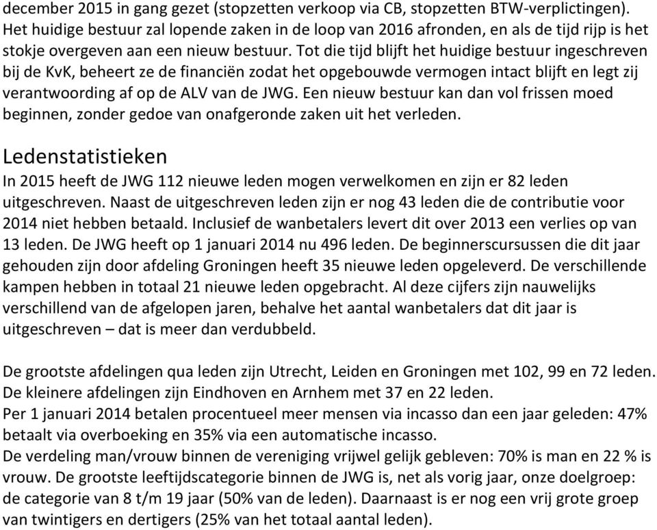 Tot die tijd blijft het huidige bestuur ingeschreven bij de KvK, beheert ze de financiën zodat het opgebouwde vermogen intact blijft en legt zij verantwoording af op de ALV van de JWG.