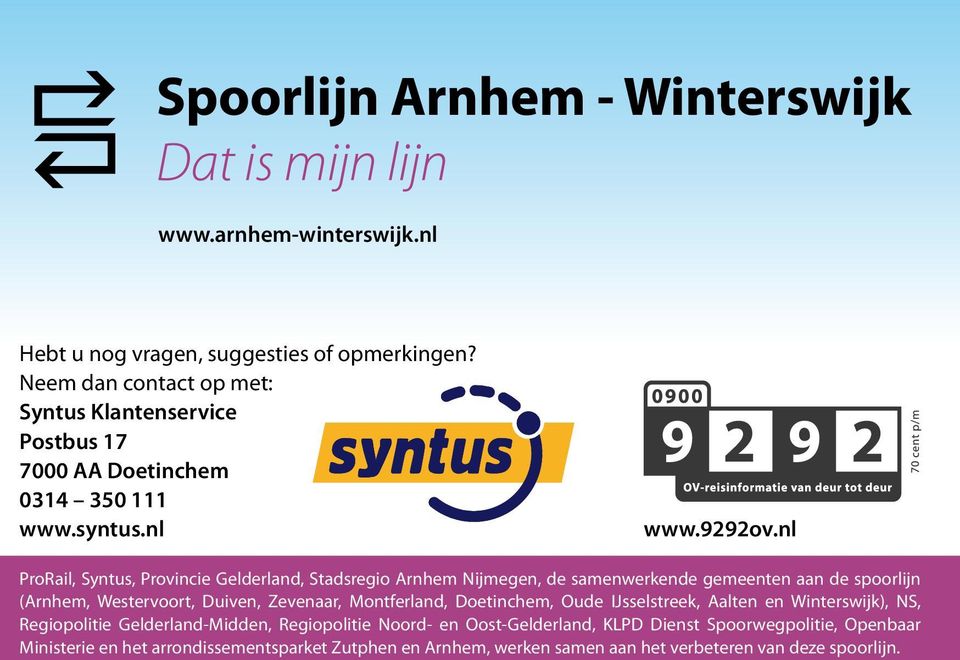 nl ProRail, Syntus, Provincie Gelderland, Stadsregio Arnhem Nijmegen, de samenwerkende gemeenten aan de spoorlijn (Arnhem, Westervoort, Duiven, Zevenaar,