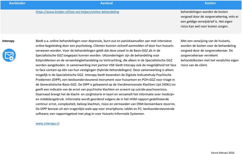 Cliënten kunnen zichzelf aanmelden of door hun huisarts verwezen worden. Voor de behandelingen geldt dat deze zowel in de Basis-GGZ als in de Specialistische GGZ toegepast kunnen worden.