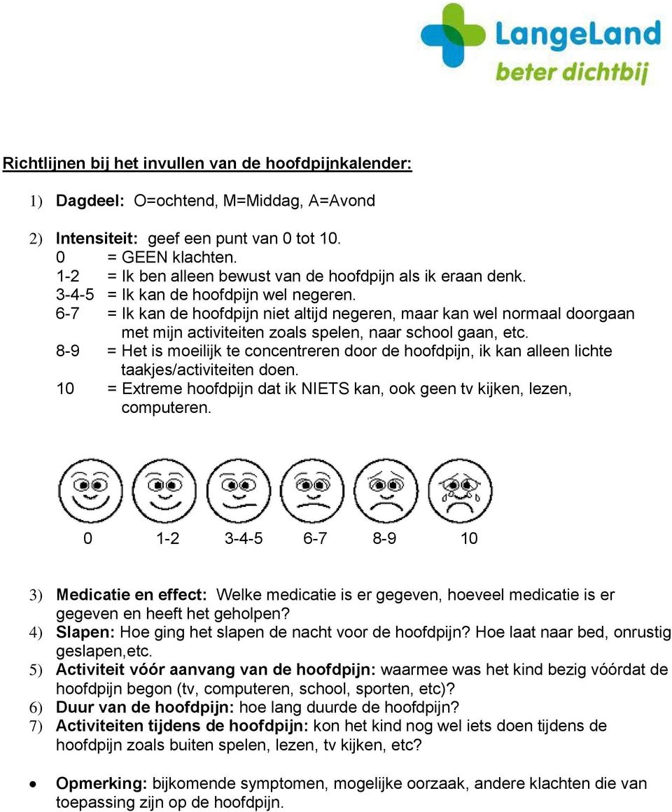 8-9 = Het is moeilijk te concentreren door de, ik kan alleen lichte taakjes/activiteiten doen. 10 = Extreme dat ik NIETS kan, ook geen tv kijken, lezen, computeren.