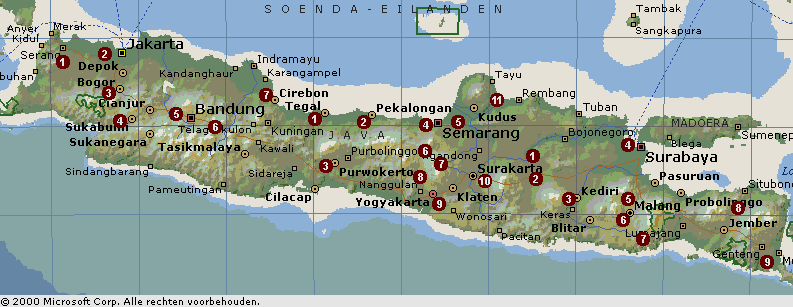 Java 5-11-2013 Afstand tussen de vertikale rasterlijnen: ongeveer 110 km WEST-JAVA MIDDEN-JAVA OOST-JAVA 1. Serang 1. Tegal 1. Ngawi 2. Batavia (Jakarta) 2. Pekalongan 2. Madioen (Unit) 3.
