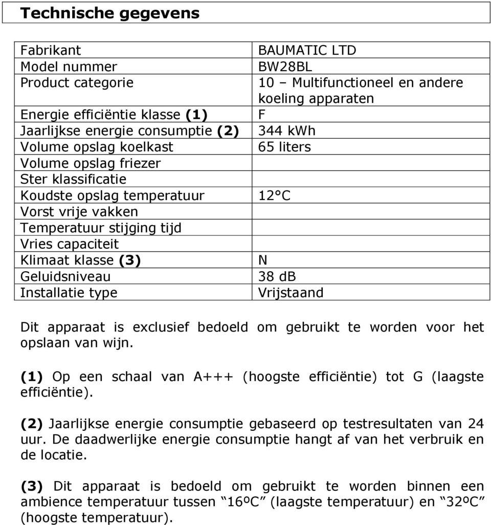 apparaten F 344 kwh 65 liters N 38 db Vrijstaand Dit apparaat is exclusief bedoeld om gebruikt te worden voor het opslaan van wijn.