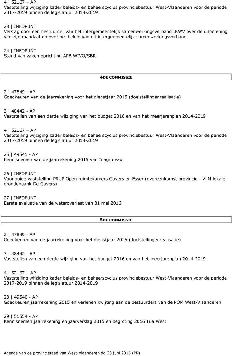 (overeenkomst provincie - VLM lokale grondenbank De Gavers) 27 INFOPUNT Eerste evaluatie van de wateroverlast van 31 mei 2016 5DE COMMISSIE 28 49540 - AP