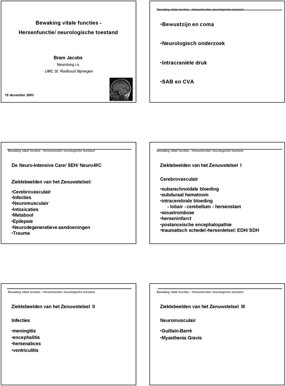 Infecties Neuromusculair Intoxicaties Metabool Epilepsie Neurodegeneratieve aandoeningen Trauma Cerebrovasculair subarachnoidale bloeding subduraal hematoom intracerebrale bloeding - lobair -