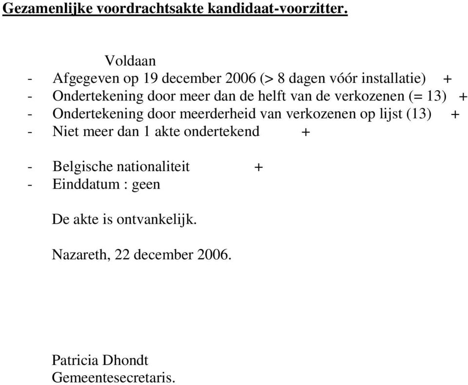 helft van de verkozenen (= 13) + - Ondertekening door meerderheid van verkozenen op lijst (13) + - Niet