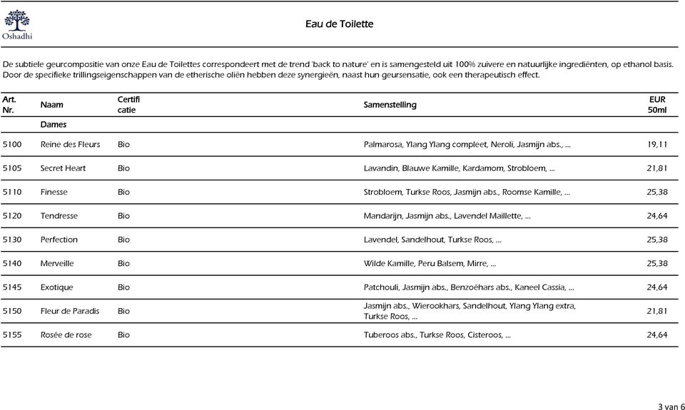 Dames 5100 Reine des Fleurs Bio Palmarosa, Ylang Ylang compleet, Neroli, Jasmijn abs.,... 19,11 5105 Secret Heart Bio Lavandin, Blauwe Kamille, Kardamom, Strobloem, 21,81 5110 Finesse Bio Strobloem, Turkse Roos, Jasmijn abs.