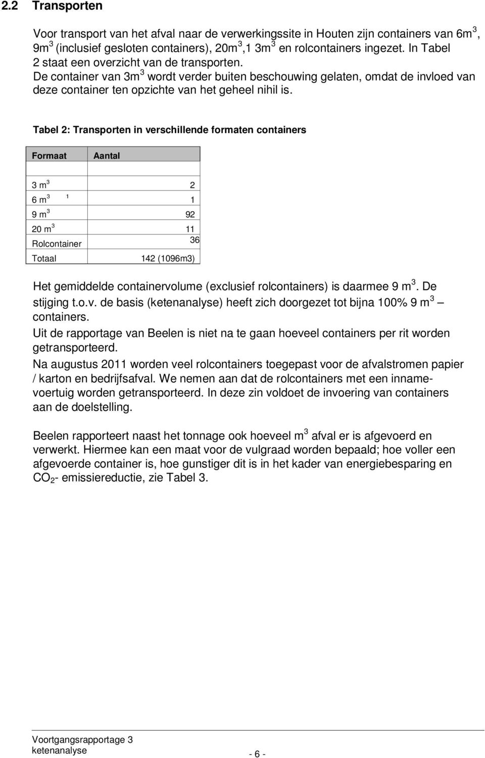 Tabel 2: Transporten in verschillende formaten containers Formaat Aantal 3 m 3 2 6 m 3 1 1 9 m 3 92 20 m 3 11 Rolcontainer 36 Totaal 142 (1096m3) Het gemiddelde containervolume (exclusief