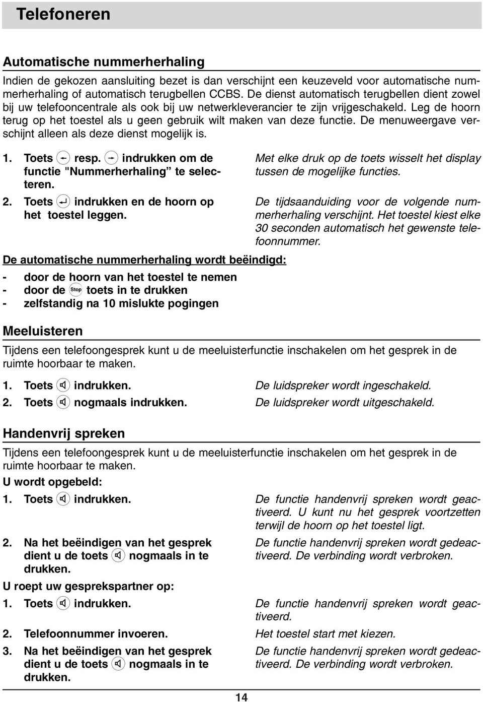 Leg de hoorn terug op het toestel als u geen gebruik wilt maken van deze functie. De menuweergave verschijnt alleen als deze dienst mogelijk is. 1. Toets < resp.