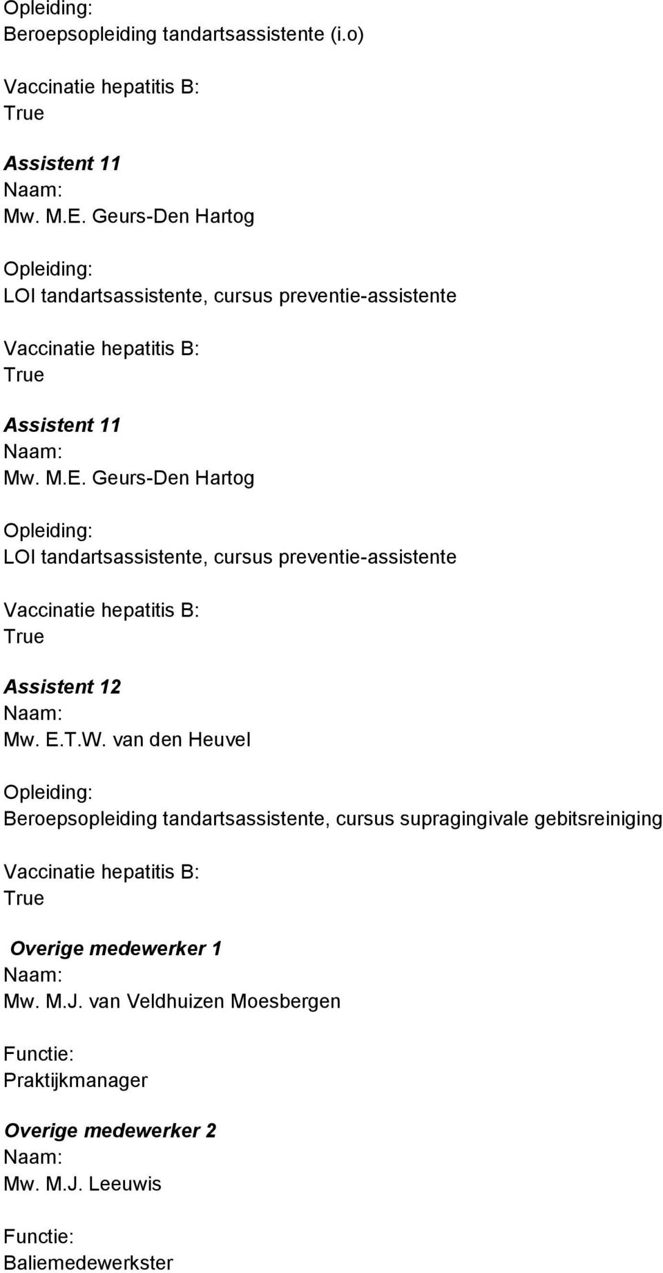 Geurs-Den Hartog LOI tandartsassistente, cursus preventie-assistente Assistent 12 Mw. E.T.W.