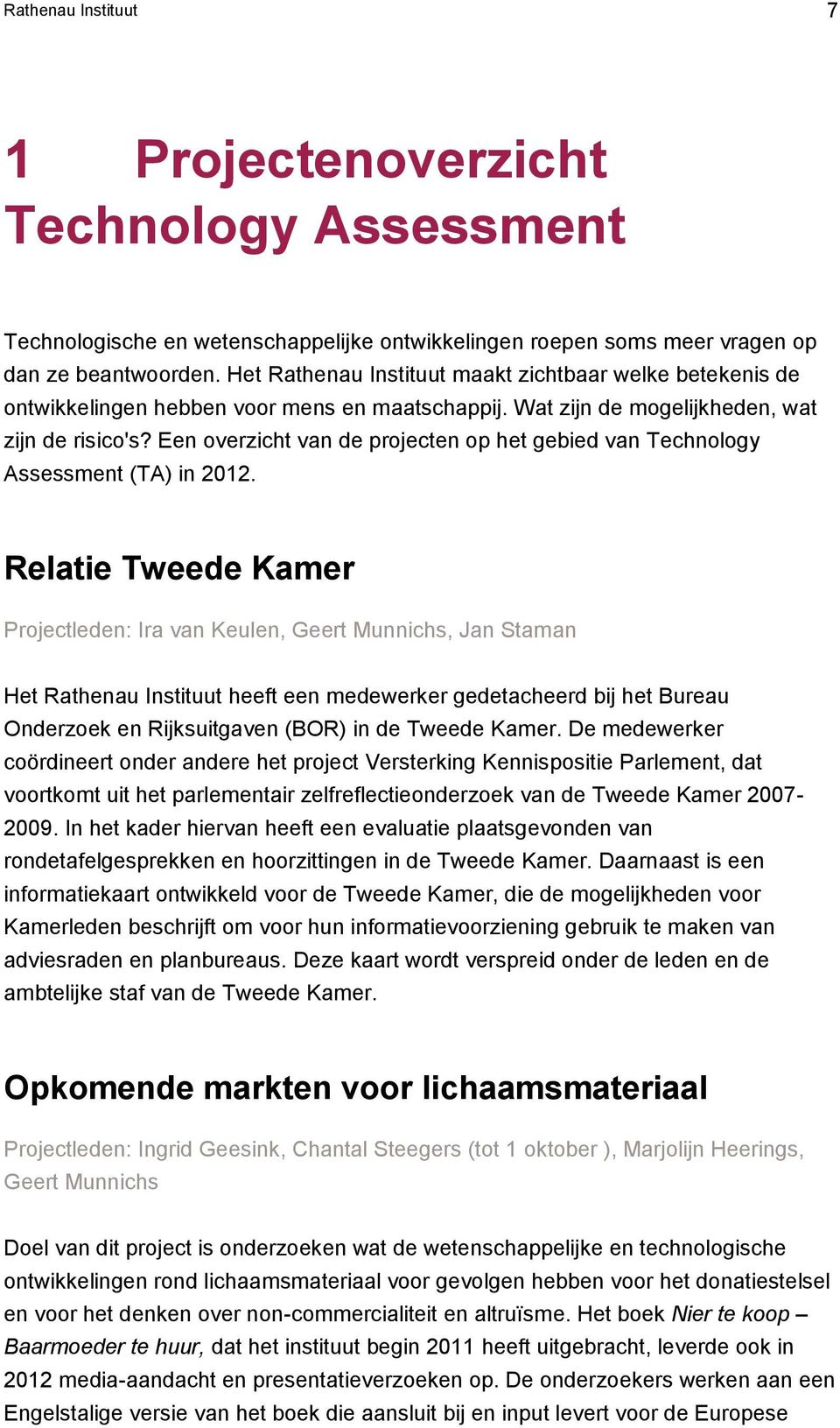 Een overzicht van de projecten op het gebied van Technology Assessment (TA) in 2012.