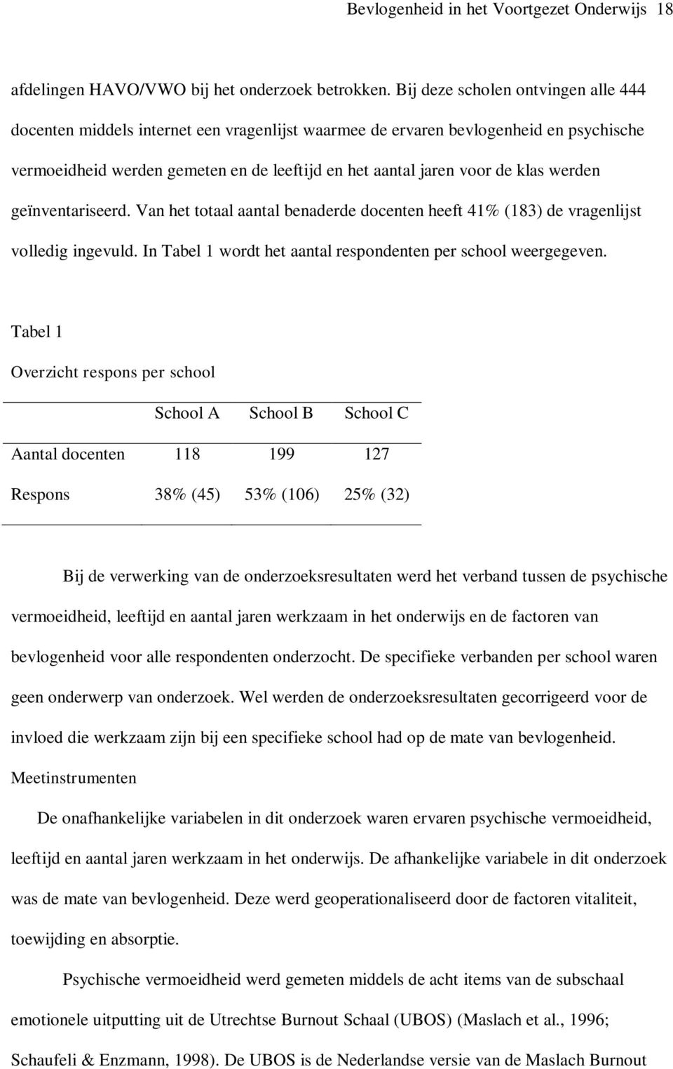 werden geïnventariseerd. Van het totaal aantal benaderde docenten heeft 41% (183) de vragenlijst volledig ingevuld. In Tabel 1 wordt het aantal respondenten per school weergegeven.