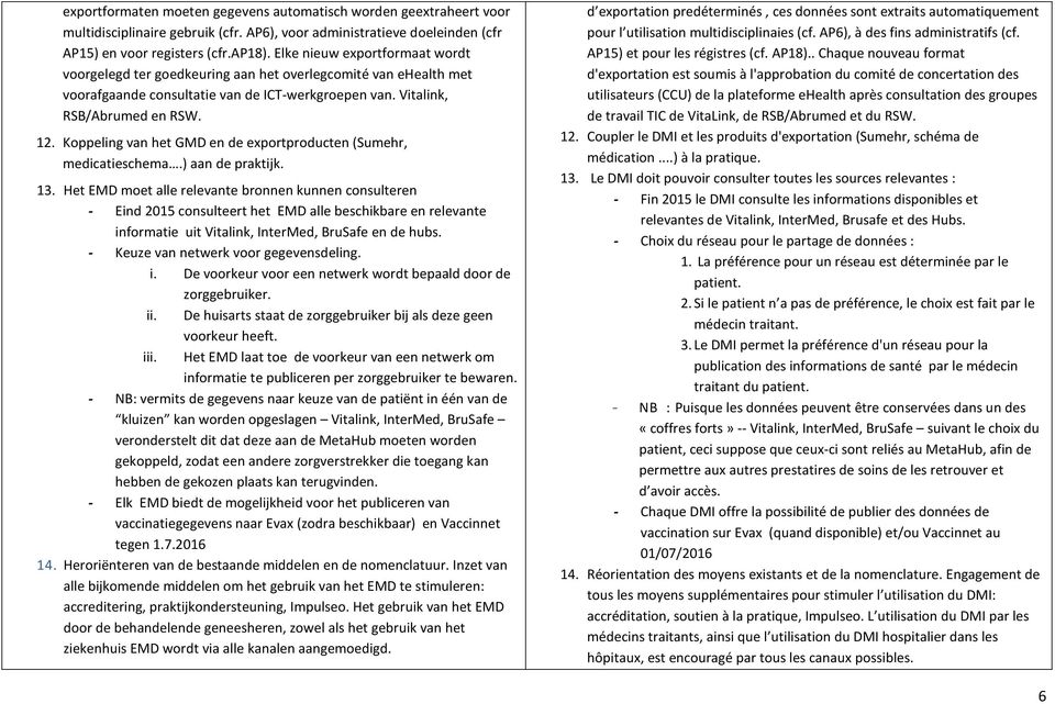 Koppeling van het GMD en de exportproducten (Sumehr, medicatieschema.) aan de praktijk. 13.