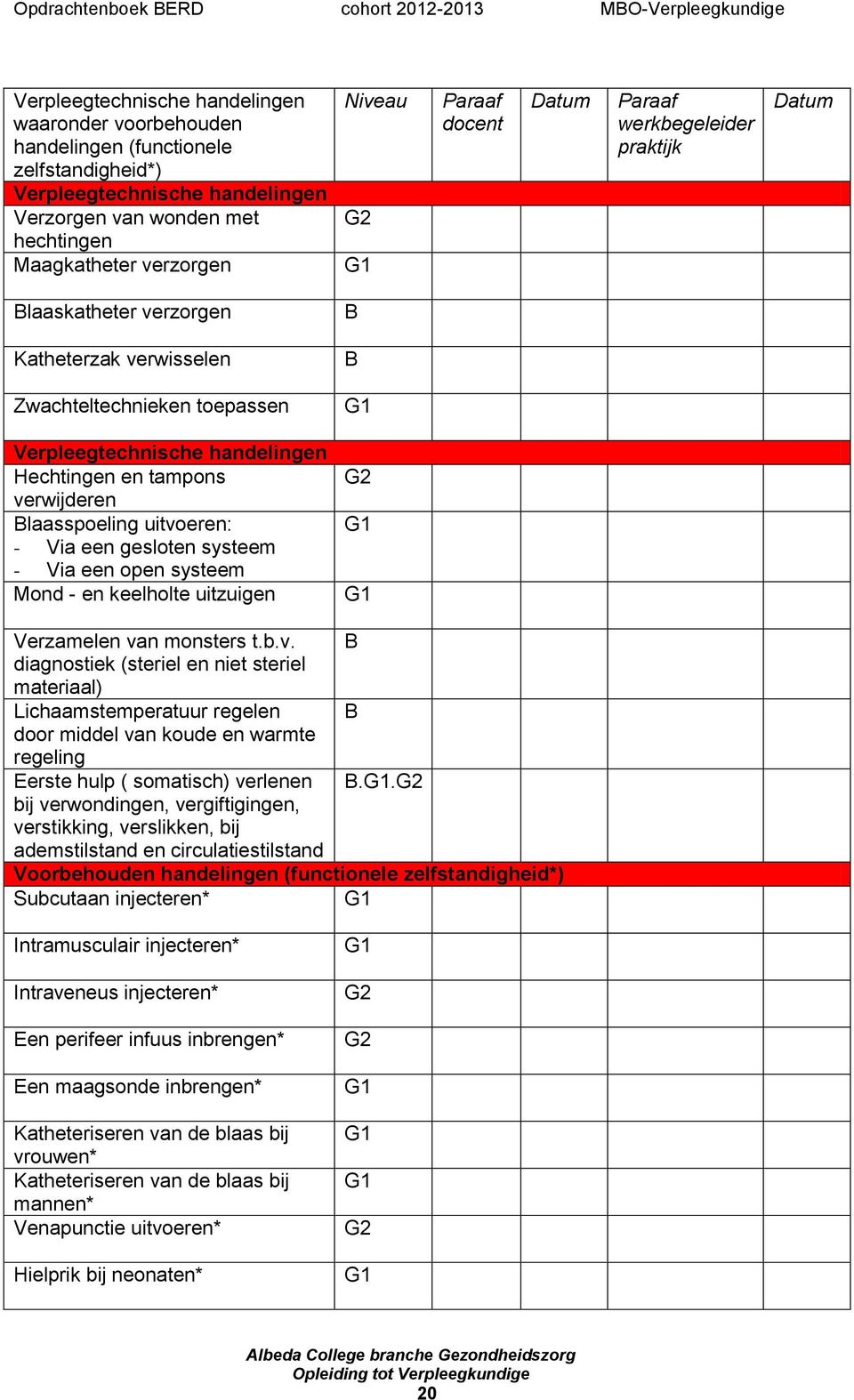 verwijderen Blaasspoeling uitvoeren: - Via een gesloten systeem - Via een open systeem Mond - en keelholte uitzuigen G2 G1 G1 Verzamelen van monsters t.b.v. B diagnostiek (steriel en niet steriel materiaal) Lichaamstemperatuur regelen B door middel van koude en warmte regeling Eerste hulp ( somatisch) verlenen B.