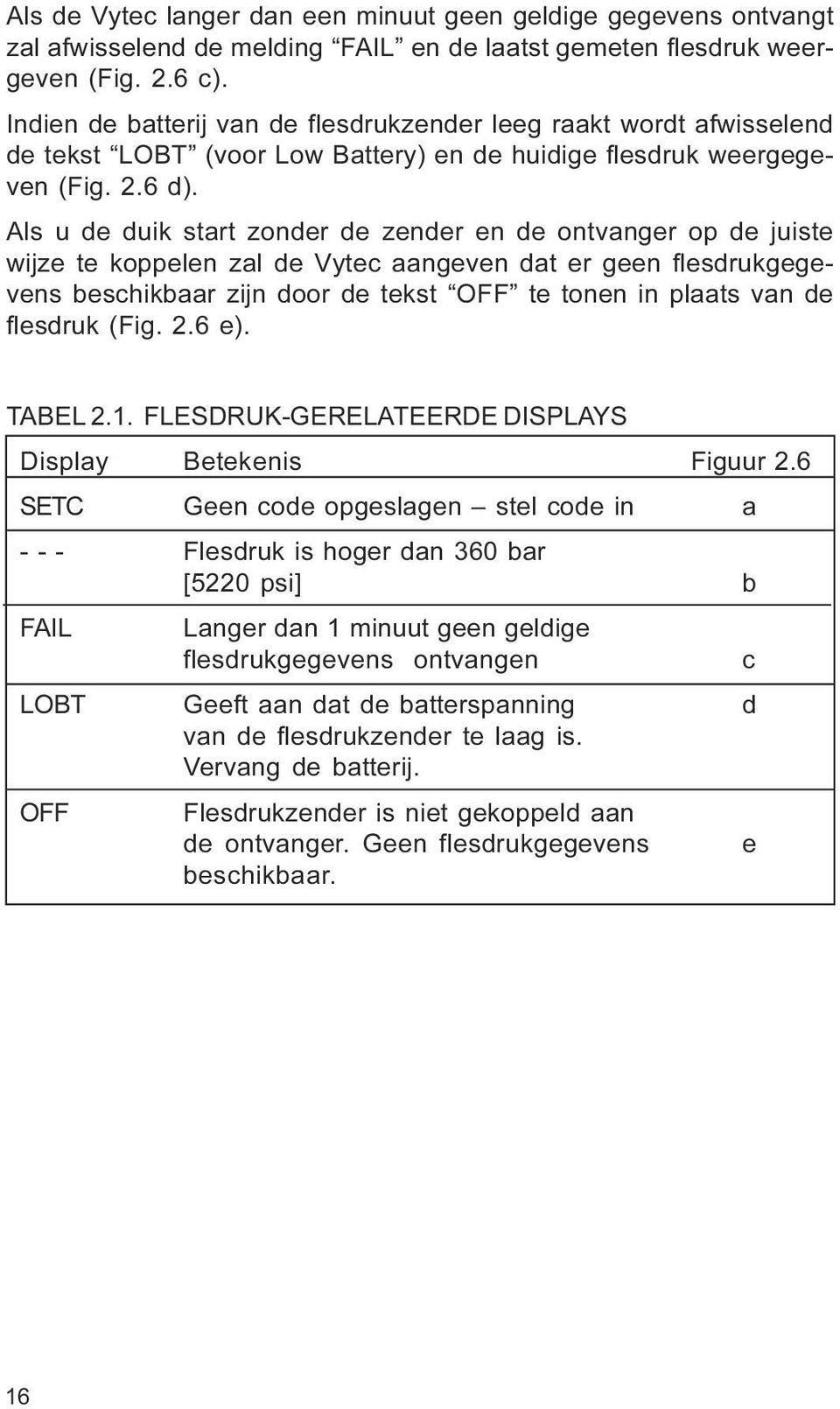 Vytec aangeven dat er geen flesdrukgegevens beschikbaar zijn door de tekst OFF te tonen in plaats van de flesdruk (Fig 2 6 e) TABEL 2 1 FLESDRUK-GERELATEERDE DISPLAYS Display Betekenis Figuur 2 6