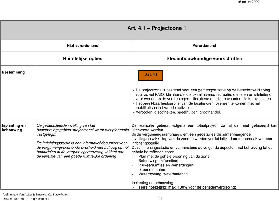 - Verboden: discotheken, speelhuizen, groothandel. Inplanting en bebouwing De gedetailleerde invulling van het bestemmingsgebied projectzone wordt niet planmatig vastgelegd.