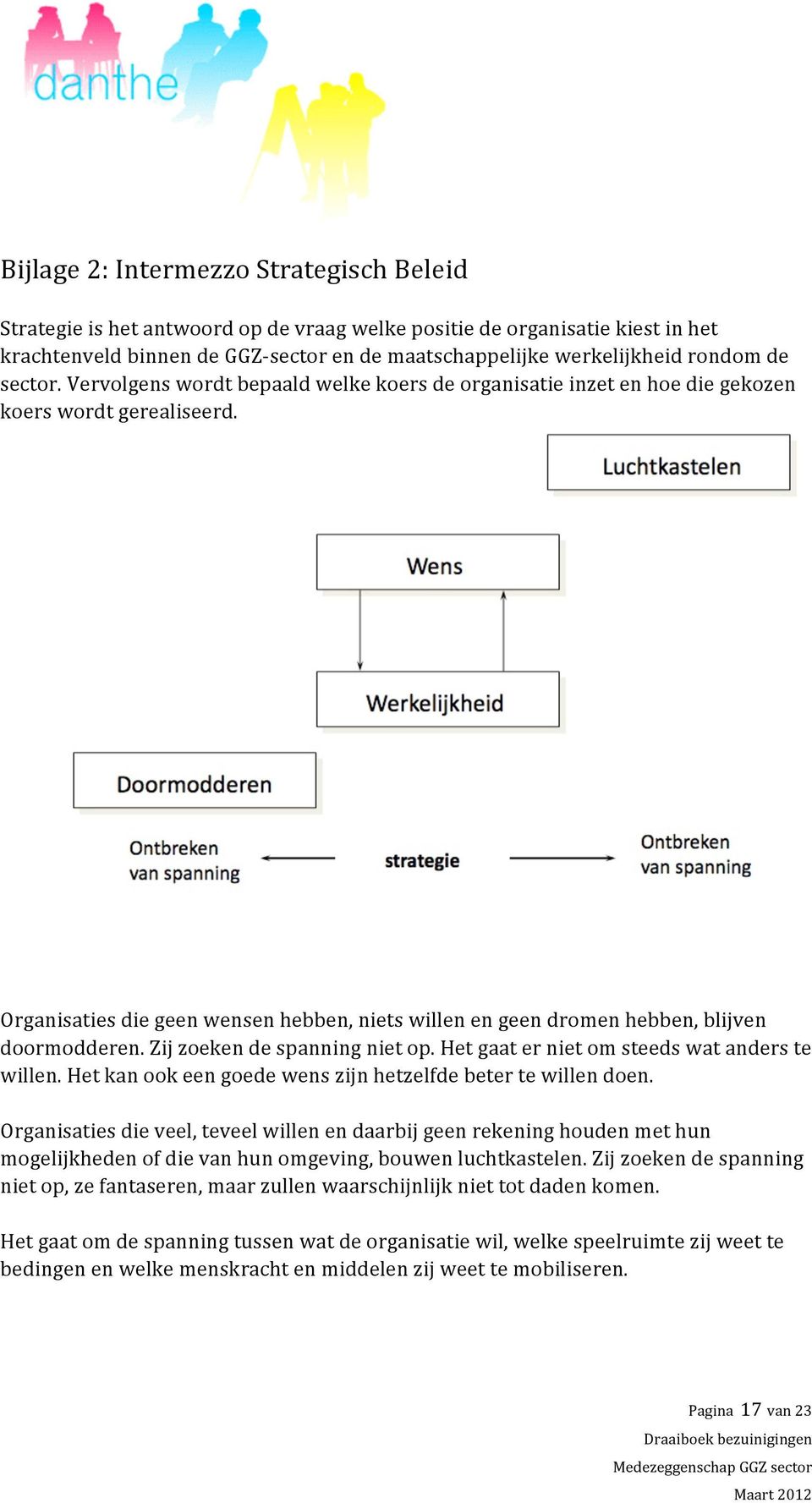 Organisaties die geen wensen hebben, niets willen en geen dromen hebben, blijven doormodderen. Zij zoeken de spanning niet op. Het gaat er niet om steeds wat anders te willen.