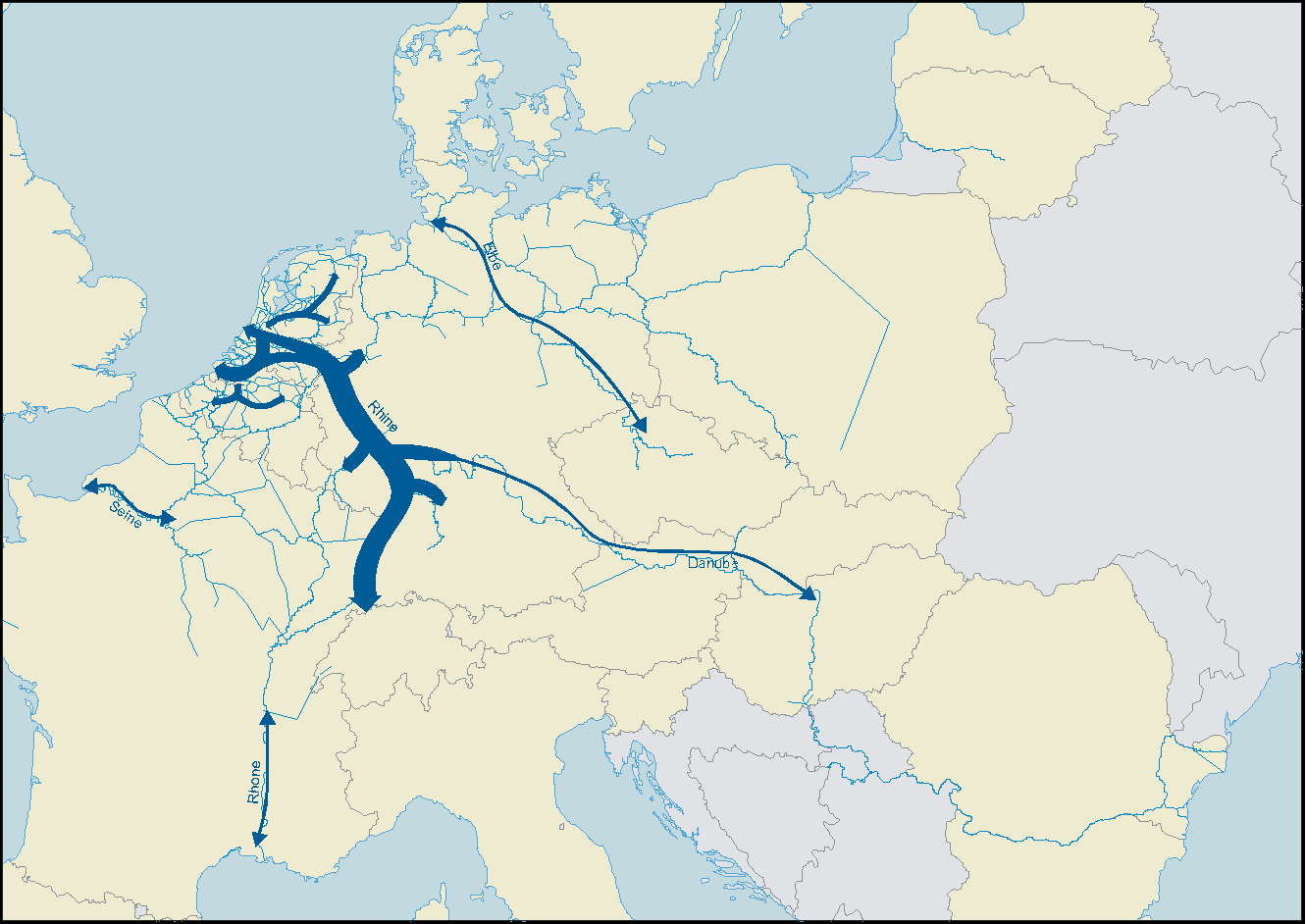 Belangrijkste intermodale binnenvaartstromen, veelal vanuit