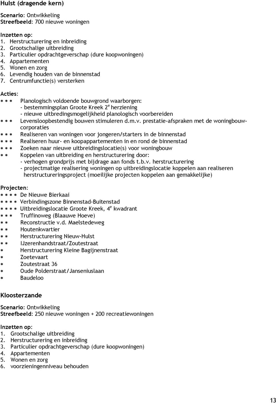 Centrumfunctie(s) versterken Acties: Planologisch voldoende bouwgrond waarborgen: - bestemmingsplan Groote Kreek 2 e herziening - nieuwe uitbredingsmogelijkheid planologisch voorbereiden