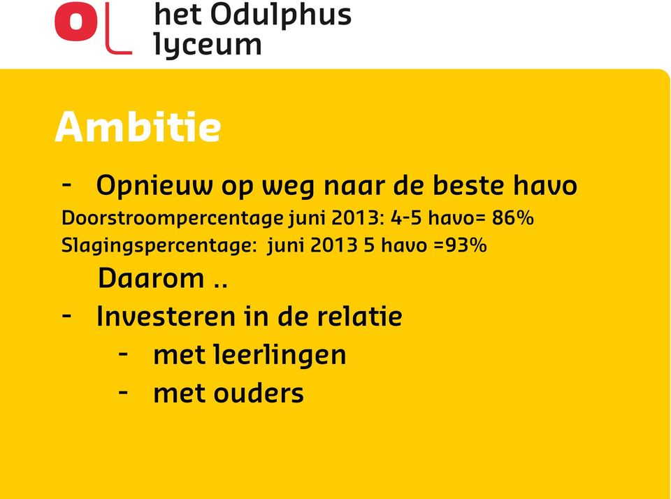 Slagingspercentage: juni 2013 5 havo =93% Daarom.