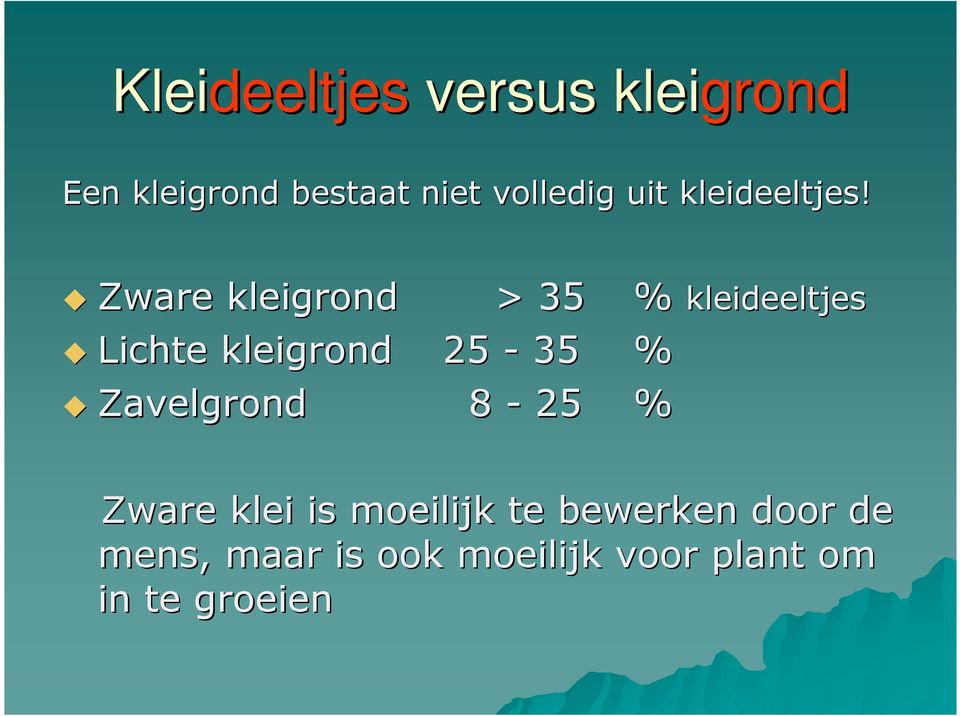 Zware kleigrond > 35 % kleideeltjes Lichte kleigrond 25-35 %