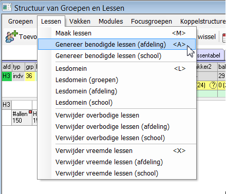 En ook maar meteen alle lessen We gaan naar het lesdomein en maken een extra eigenschap waarde aan Vervolgens geven we alle vakken de waarde die bij hun vak hoort.