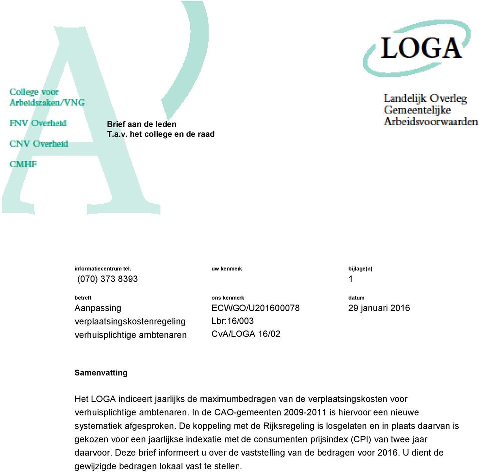 Samenvatting Het LOGA indiceert jaarlijks de maximumbedragen van de verplaatsingskosten voor verhuisplichtige ambtenaren. In de CAO-gemeenten 2009-2011 is hiervoor een nieuwe systematiek afgesproken.