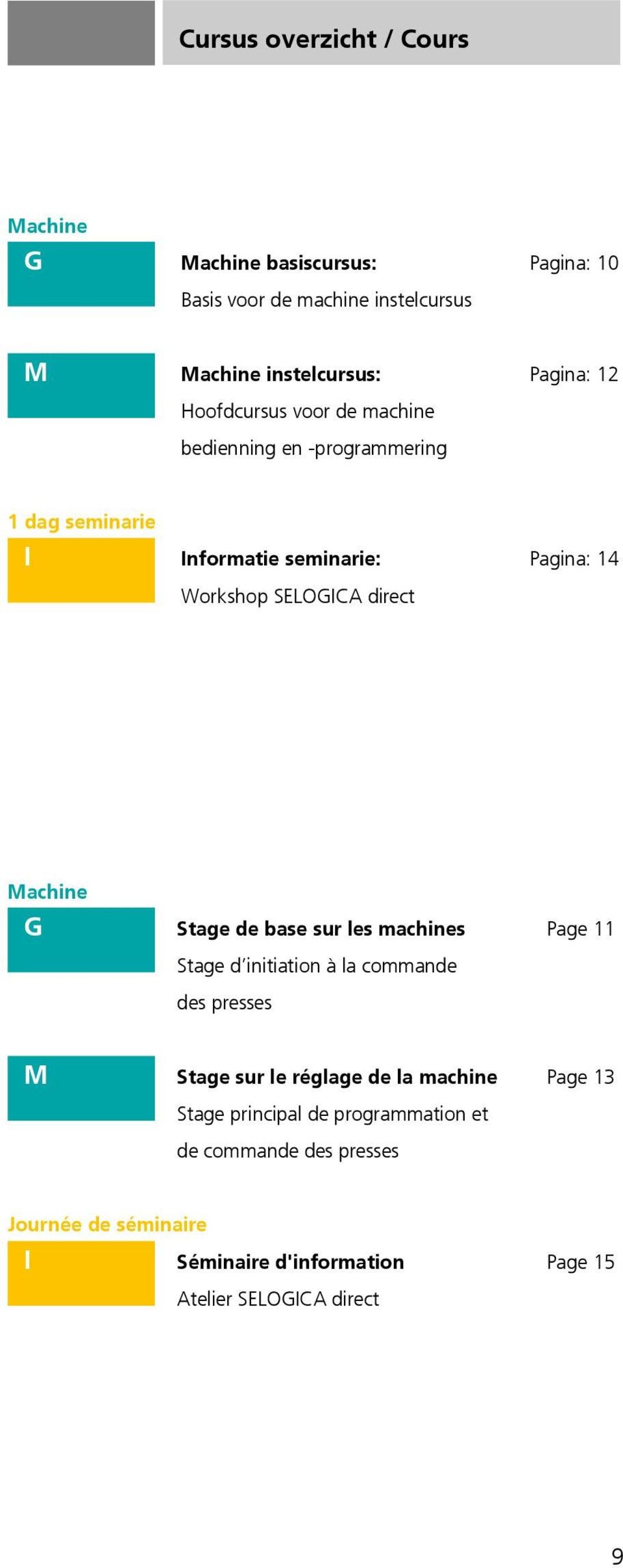 Machine G Stage de base sur les machines Page 11 Stage d initiation à la commande des presses M Stage sur le réglage de la machine Page