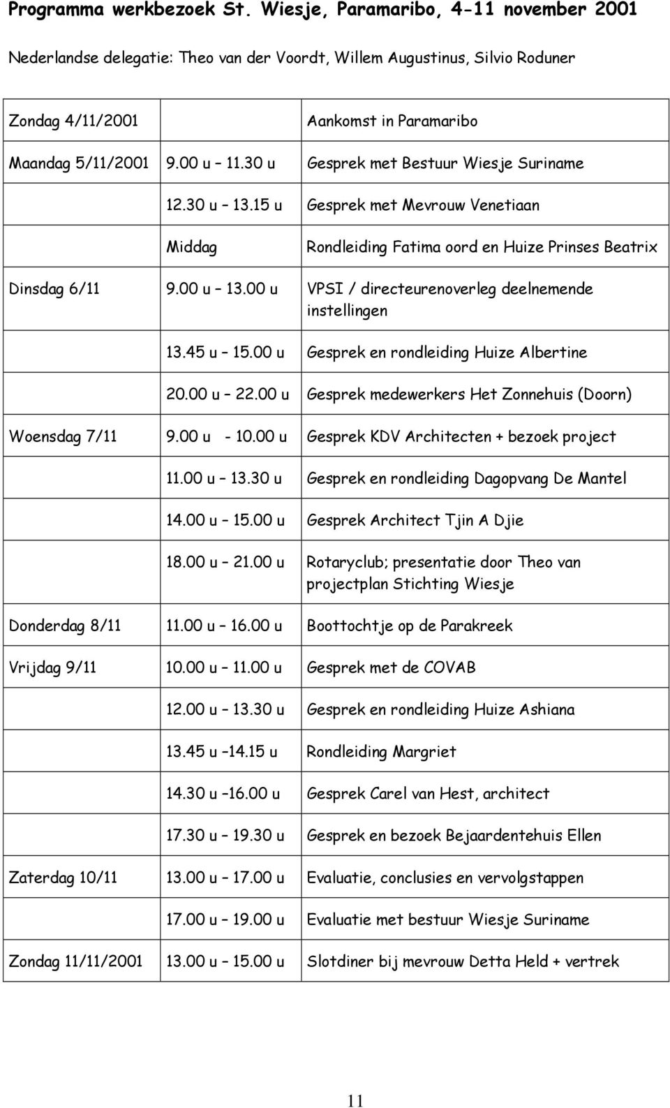 30 u Gesprek met Bestuur Wiesje Suriname 12.30 u 13.15 u Gesprek met Mevrouw Venetiaan Middag Rondleiding Fatima oord en Huize Prinses Beatrix Dinsdag 6/11 9.00 u 13.