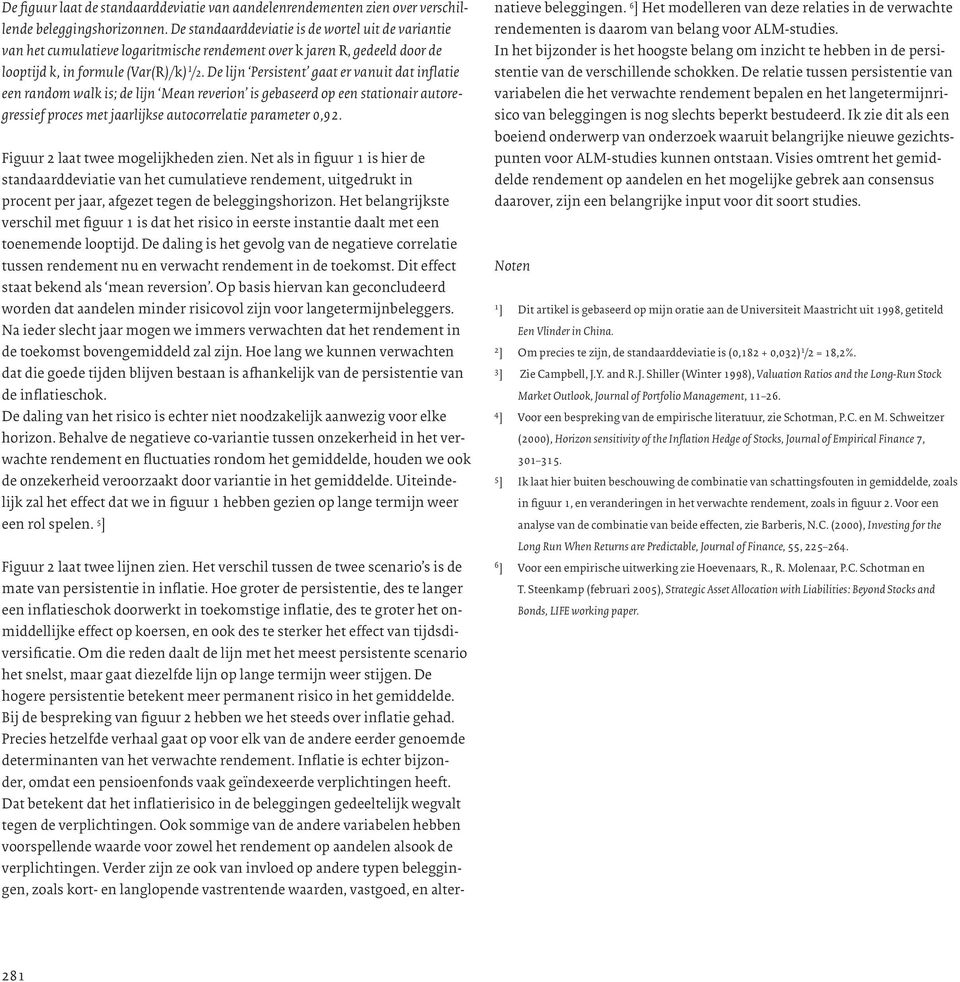 De lijn Persistent gaat er vanuit dat inflatie een random walk is; de lijn Mean reverion is gebaseerd op een stationair autoregressief proces met jaarlijkse autocorrelatie parameter 0,92.