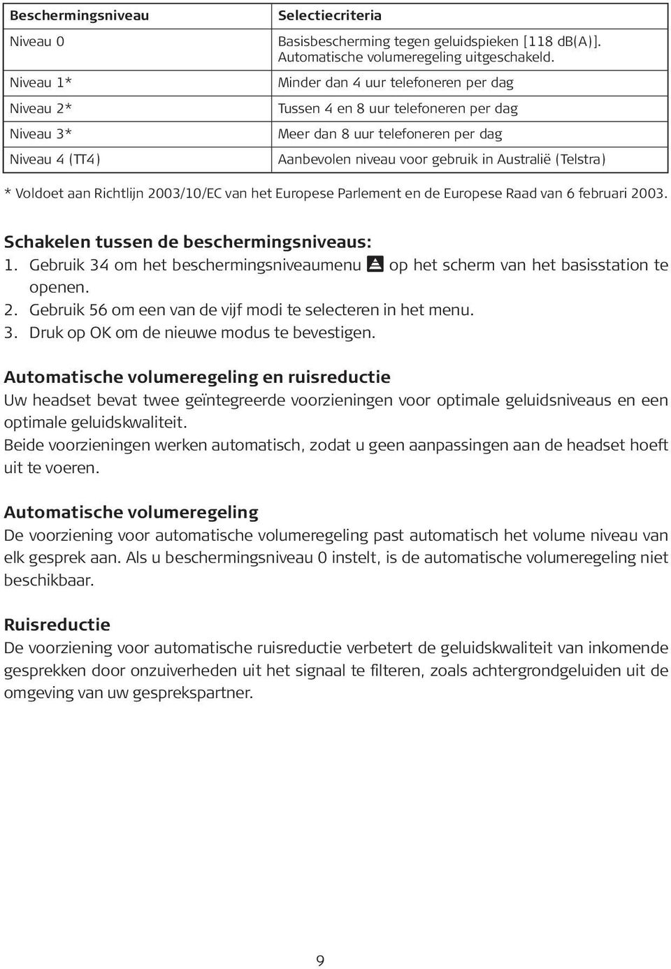 van het Europese Parlement en de Europese Raad van 6 februari 2003. Schakelen tussen de beschermingsniveaus: 1. Gebruik 34 om het beschermingsniveaumenu op het scherm van het basisstation te openen.