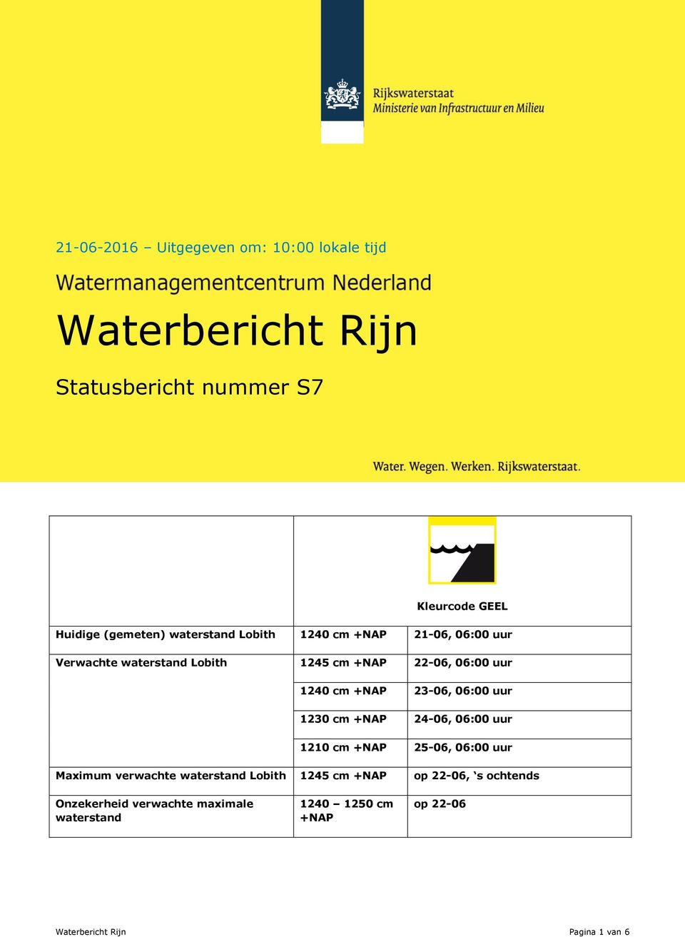 23-06, 06:00 uur 1230 cm +NAP 24-06, 06:00 uur 1210 cm +NAP 25-06, 06:00 uur Maximum verwachte waterstand Lobith 1245 cm