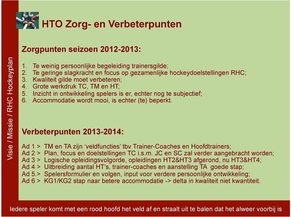 Verbeterpunten 2013-2014: Ad 1 > TM en TA zijn veldfuncties tbv Trainer-Coaches en Hoofdtrainers; Ad 2 > Plan, focus en doelstellingen TC i.s.m.